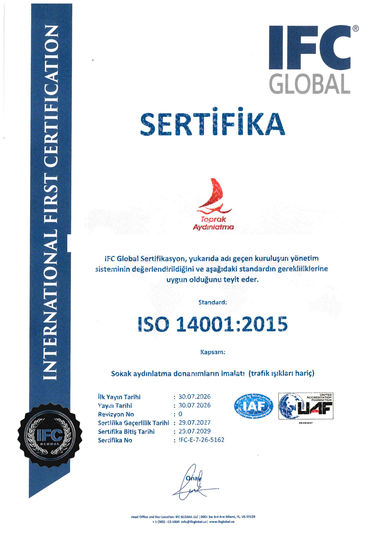 ISO 14001:2015 çevre yönetim sistemi sertifikası