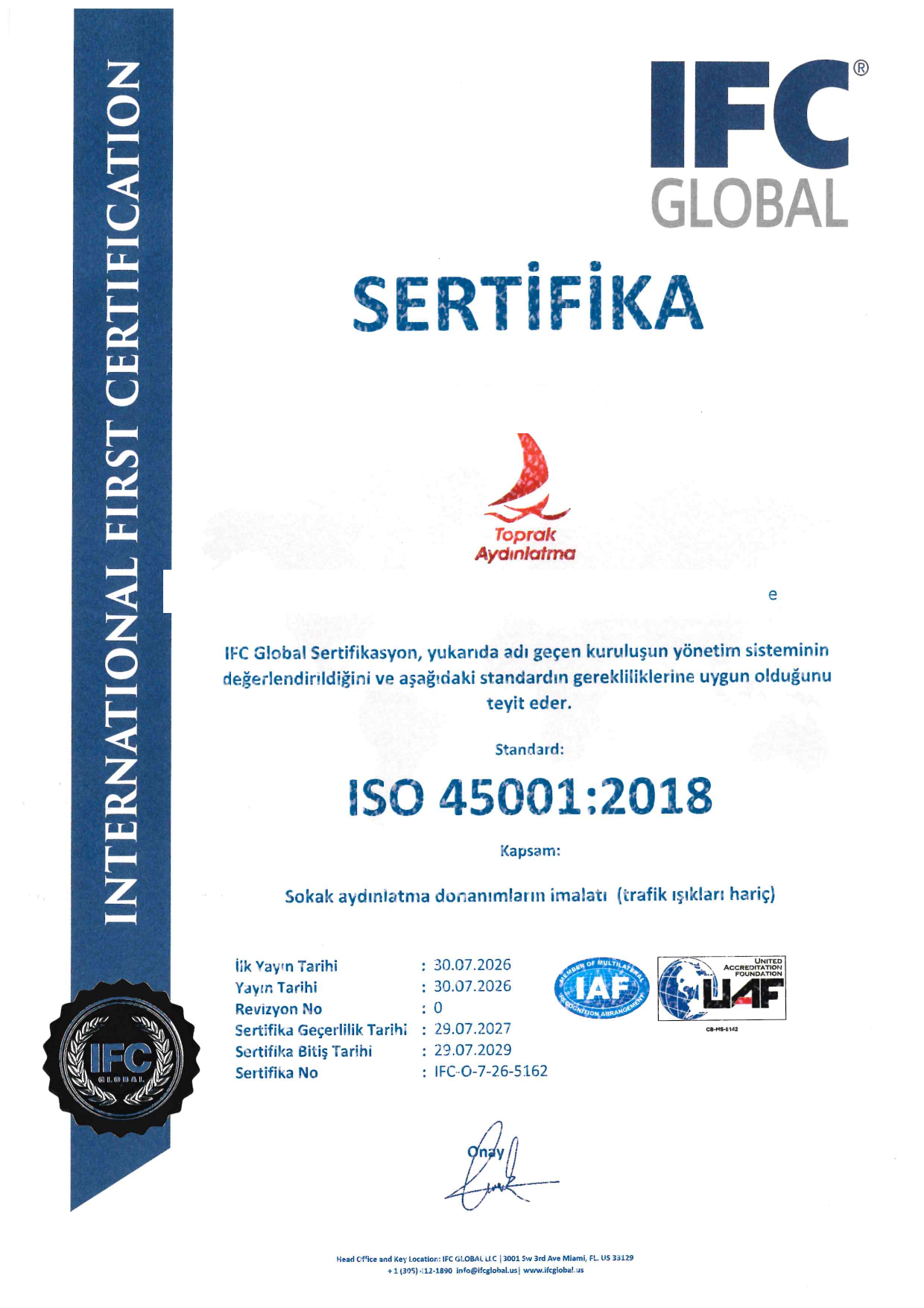 ISO 45001:2018 iş sağlığı ve güvenliği yönetim sistemi sertifikası