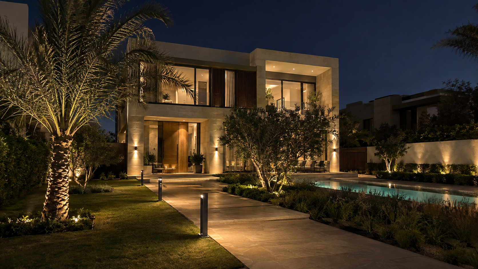 Abu Dhabi lüks villa bahçesinde peyzaj aydınlatması
