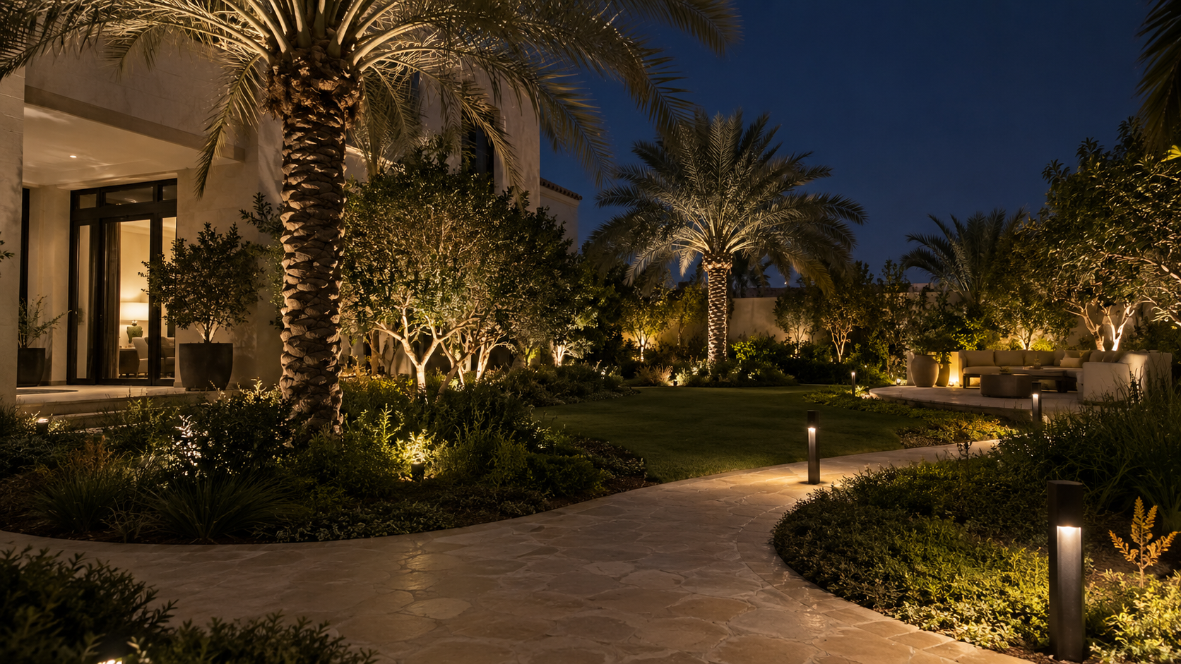 Dubai modern villa bahçesinde dekoratif dış mekân aydınlatması